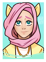 Size: 379x511 | Tagged: safe, artist:alvrexadpot, imported from derpibooru, fluttershy, human, bust, female, heart eyes, hijab, humanized, islamashy, jewelry, necklace, simple background, solo, wingding eyes