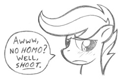 Size: 500x334 | Tagged: safe, artist:texasuberalles, imported from derpibooru, scootaloo, pegasus, pony, blushing, disappointed, female, filly, gay, grayscale, implied lesbian, looking down, male, monochrome, no homo, pencil drawing, simple background, solo, speech bubble, traditional art, white background