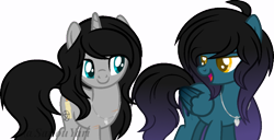 Size: 800x408 | Tagged: safe, artist:t-aroutachiikun, imported from derpibooru, oc, oc only, oc:aquamarine black, oc:mystic flare, pegasus, pony, unicorn, base used, female, mare, simple background, transparent background