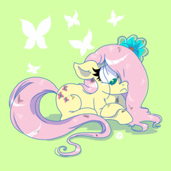 Size: 800x800 | Tagged: safe, artist:greenwiggly, imported from derpibooru, fluttershy, pegasus, pony, crossed hooves, cutie mark, female, floppy ears, flower, flower in hair, frown, green background, prone, sad, simple background, solo, wingless