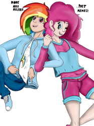 Size: 2236x2984 | Tagged: safe, artist:thebadgrinch, imported from derpibooru, pinkie pie, rainbow dash, human, clothes, happy, high res, humanized, jacket, mods are asleep, one eye closed, pants, shorts, simple background, smiling, white background, wink