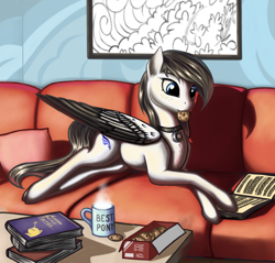 Size: 2336x2237 | Tagged: safe, artist:lightly-san, imported from derpibooru, oc, oc only, oc:lamika, pegasus, pony, best pony, beverage, book, commission, cookie, couch, crossed hooves, drink, food, freckles, indoors, mouth hold, mug, reading, solo