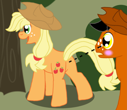 Size: 1461x1263 | Tagged: safe, artist:pandalove93, imported from derpibooru, applejack, oc, oc:coffeemac, earth pony, pony, applebutt, butt, canon x oc, eyes on the prize, female, hat, looking at butt, male, plot, shipping, straight