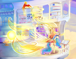 Size: 2100x1650 | Tagged: safe, artist:viwrastupr, imported from derpibooru, philomena, princess celestia, raven, alicorn, phoenix, pony, balcony, beautiful, book, bright, cloud, crown, curved horn, cutie mark, epic wings, ethereal mane, female, flowing mane, flying, glowing horn, jewelry, large wings, lidded eyes, magic, majestic, mare, master and pet, multicolored mane, multicolored tail, pet, powerful, reading, regalia, scenery, smiling, sparkles, telekinesis, tiara, wings