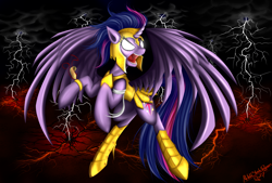 Size: 4000x2700 | Tagged: safe, artist:metalbladepegasus, imported from derpibooru, twilight sparkle, alicorn, pony, absurd resolution, armor, female, flying, glowing eyes, lightning, open mouth, solo, twilight sparkle (alicorn)