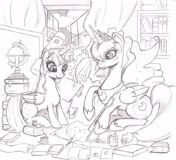 Size: 4697x4257 | Tagged: safe, artist:methos-diw, imported from derpibooru, princess luna, twilight sparkle, alicorn, pony, absurd resolution, book, coffee mug, cup, duo, grayscale, magic, monochrome, moon, mouth hold, mug, quill, ruler, scroll, teacup, telekinesis, telescope, traditional art, twilight sparkle (alicorn)