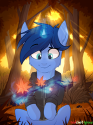 Size: 1500x2016 | Tagged: safe, artist:redchetgreen, imported from derpibooru, oc, oc only, pony, unicorn, clothes, commission, forest, glowing horn, leaf, magic, male, smiling, solo, stallion, sweater, tree branch