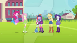 Size: 400x225 | Tagged: safe, imported from derpibooru, screencap, applejack, fluttershy, pinkie pie, rainbow dash, rarity, twilight sparkle, equestria girls, equestria girls (movie), boots, bracelet, canterlot high, clothes, cowboy boots, cowboy hat, cropped, denim skirt, female, giggling, hat, high heel boots, jewelry, jumping, leg warmers, mane six, picture for breezies, skirt, soccer field, socks, stetson, watermark