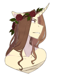 Size: 761x1013 | Tagged: safe, artist:harmoniousrain, deleted from derpibooru, imported from derpibooru, oc, oc only, oc:golden pen, anthro, unicorn, anthro oc, bandage, curved horn, female, floral head wreath, flower, mare, serious, serious face, simple background, solo, transparent background