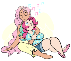 Size: 1024x873 | Tagged: safe, artist:bewarethemusicman, imported from derpibooru, fluttershy, pinkie pie, human, chubby, female, flutterpie, freckles, humanized, lesbian, shipping, singing