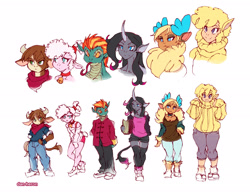 Size: 2500x1942 | Tagged: safe, artist:dan-heron, imported from derpibooru, arizona cow, oleander, paprika paca, pom lamb, tianhuo, velvet reindeer, alpaca, anthro, classical unicorn, cow, deer, lamb, reindeer, sheep, them's fightin' herds, :p, arizona (tfh), clothes, community related, fightin' six, height difference, leonine tail, line-up, oleander (tfh), paprika (tfh), pom (tfh), simple background, study, sweater, tianhuo (tfh), tongue out, velvet (tfh)