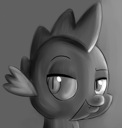 Size: 2009x2108 | Tagged: safe, artist:itsthinking, imported from derpibooru, spike, dragon, bust, gradient background, gray background, grayscale, lidded eyes, male, monochrome, portrait, simple background, smiling, smug, solo