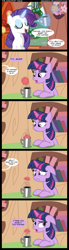 Size: 1053x3799 | Tagged: safe, artist:veggie55, imported from derpibooru, rarity, twilight sparkle, pony, unicorn, book, bookshelf, coffee, comic, cookie, food, glowing, glowing horn, horn, magic, telekinesis, unicorn twilight