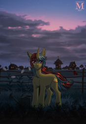 Size: 838x1200 | Tagged: safe, artist:margony, imported from derpibooru, oc, oc only, pony, unicorn, art trade, female, fence, grass field, looking at you, mare, ponyville, scenery, smiling, solo