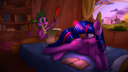 Size: 4000x2250 | Tagged: safe, artist:marsminer, imported from derpibooru, spike, twilight sparkle, dragon, pony, unicorn, absurd resolution, bed, book, bookshelf, cloud, commission, duo, golden oaks library, house, open mouth, pillow, prone, quill, scroll, smiling, tree, unicorn twilight, window