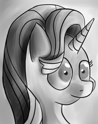 Size: 1031x1296 | Tagged: safe, artist:itsthinking, imported from derpibooru, starlight glimmer, pony, unicorn, bust, female, gradient background, gray background, grayscale, mare, monochrome, portrait, shocked, shrunken pupils, simple background, solo