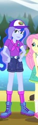 Size: 86x283 | Tagged: safe, imported from derpibooru, screencap, fluttershy, princess luna, equestria girls, legend of everfree, boots, cap, clothes, female, hat, shoes, shorts, skirt, smiling, socks, vice principal luna