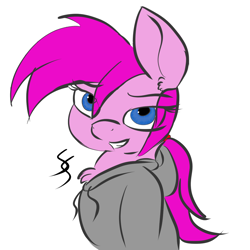 Size: 1200x1200 | Tagged: safe, artist:supasqueegee, imported from derpibooru, oc, oc only, oc:schweet schnapps, earth pony, pony, bust, chest fluff, clothes, ponytail, simple background, solo