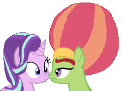 Size: 1359x1012 | Tagged: safe, artist:ktd1993, imported from derpibooru, starlight glimmer, tree hugger, pony, afro, alternate hairstyle, boop, crack shipping, female, lesbian, noseboop, shipping, simple background, starhugger, transparent background