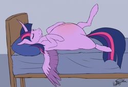 Size: 1280x874 | Tagged: safe, artist:mattsykun, imported from derpibooru, twilight sparkle, alicorn, pony, bed, belly, belly blush, big belly, curved horn, eyes closed, female, mare, preglight sparkle, pregnant, raised leg, smiling, solo, twilight sparkle (alicorn)