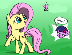 Size: 8576x6537 | Tagged: safe, artist:ravio-li, imported from derpibooru, fluttershy, twilight sparkle, butterfly, pony, absurd resolution, duo, looking back, missing horn, open mouth, raised hoof, simple background, smiling, wingless