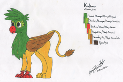 Size: 3055x2028 | Tagged: safe, artist:summerium, imported from derpibooru, oc, oc only, oc:kalimu, griffon, male, reference sheet, solo, spanish, traditional art