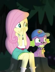 Size: 368x480 | Tagged: safe, imported from derpibooru, screencap, fluttershy, spike, spike the regular dog, dog, equestria girls, legend of everfree, camp everfree outfits, cap, clothes, hand over mouth, hat, scared, skirt, socks