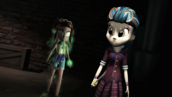 Size: 1920x1080 | Tagged: safe, artist:razethebeast, imported from derpibooru, gloriosa daisy, indigo zap, equestria girls, friendship games, legend of everfree, 3d, clothes, crystal prep academy uniform, duo, possessed, possession, school uniform, serious, serious face, source filmmaker, sword, weapon