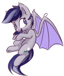 Size: 778x926 | Tagged: safe, artist:lilfunkman, imported from derpibooru, oc, oc only, oc:daturea eventide, bat pony, pony, cute, cute little fangs, fangs, flying, simple background, solo, white background