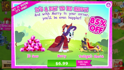 Size: 1136x640 | Tagged: safe, imported from derpibooru, merry, rarity, advertisement, costs real money, crack is cheaper, gameloft, greed, greedloft, official