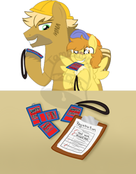 Size: 522x669 | Tagged: safe, artist:tambelon, imported from derpibooru, oc, oc only, oc:hoof work, oc:mustard mark, pony, badge, bandaid, bandaid on nose, brothers, clipboard, colt, convention, hat, male, siblings, stallion, watermark