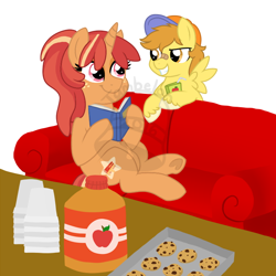 Size: 700x700 | Tagged: safe, artist:tambelon, imported from derpibooru, oc, oc only, oc:deep dish, oc:mustard mark, pegasus, pony, unicorn, bandaid, bandaid on nose, book, colt, convention, cookie, couch, female, food, hat, juice, juice box, male, mare, watermark