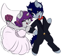 Size: 1280x1148 | Tagged: safe, artist:wickedsilly, imported from derpibooru, oc, oc only, oc:sleepy head, oc:wicked silly, pony, unicorn, bipedal, bouquet, bowtie, clothes, couple, cute, dress, eyes closed, female, horn ring, husband and wife, jewelry, male, mare, married couple, necklace, oc x oc, ocbetes, one eye closed, open mouth, ponysona, shipping, simple background, smiling, stallion, straight, suit, wedding dress, white background, wickedsleepy