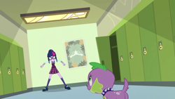 Size: 854x480 | Tagged: safe, imported from derpibooru, screencap, sci-twi, spike, spike the regular dog, twilight sparkle, dog, equestria girls, friendship games, clothes, crystal prep academy uniform, fall formal poster, glasses, scared, school uniform, shoes, skirt, socks