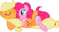 Size: 1750x958 | Tagged: safe, artist:storfulsten, imported from derpibooru, applejack, pinkie pie, pony, applepie, cuddling, eyes closed, female, lesbian, on back, shipping, simple background, smiling, transparent background