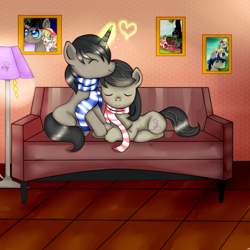 Size: 3000x3000 | Tagged: safe, artist:php23, deleted from derpibooru, imported from derpibooru, octavia melody, oc, earth pony, pony, unicorn, canon x oc, clothes, couch, couple, female, love, male, scarf, shipping