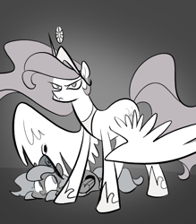 Size: 666x761 | Tagged: safe, artist:egophiliac, imported from derpibooru, princess celestia, princess luna, alicorn, pony, moonstuck, big damn heroes, big sister instinct, cartographer's element of courage, celestia is not amused, crowning moment of awesome, element of harmony, female, filly, mare, monochrome, neo noir, now you fucked up, partial color, pink-mane celestia, this will end in pain, tumblr, woona, younger