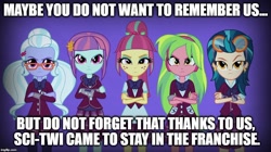 Size: 888x499 | Tagged: safe, edit, edited screencap, imported from derpibooru, screencap, indigo zap, lemon zest, sour sweet, sugarcoat, sunny flare, equestria girls, image macro, meme, shadow five, shadowbolt comments, unleash the magic