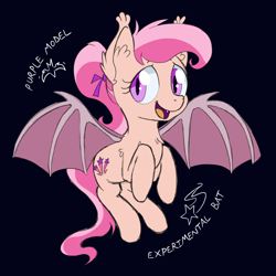 Size: 800x800 | Tagged: safe, artist:tehflah, imported from derpibooru, oc, oc only, oc:joyous ways, bat pony, pony, bat pony oc, black background, flying, open mouth, simple background, solo