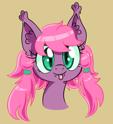 Size: 600x660 | Tagged: safe, artist:tehflah, imported from derpibooru, oc, oc only, oc:joyous ways, bat pony, pony, bust, pigtails, portrait, simple background, solo, tongue out