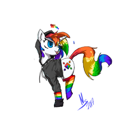 Size: 1417x1417 | Tagged: safe, artist:nsilverdraws, imported from derpibooru, oc, oc only, oc:radical rainbow, unicorn, clothes, hoodie, rainbow hair, rainbow socks, rainbow tail, simple background, socks, solo, striped socks, tongue out, white background