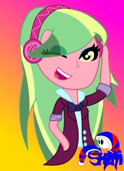 Size: 760x1051 | Tagged: safe, artist:lincolnshani, imported from derpibooru, lemon zest, equestria girls, friendship games, clothes, crystal prep academy uniform, female, headphones, one eye closed, school uniform, solo, wink