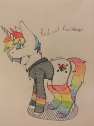 Size: 896x1200 | Tagged: artist needed, safe, imported from derpibooru, oc, oc only, oc:radical rainbow, clothes, hoodie, rainbow hair, rainbow socks, rainbow tail, socks, solo, striped socks, traditional art