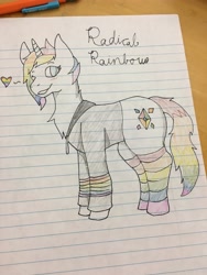 Size: 3024x4032 | Tagged: artist needed, safe, imported from derpibooru, oc, oc only, oc:radical rainbow, absurd resolution, clothes, heart, hoodie, lined paper, one eye closed, rainbow hair, rainbow socks, rainbow tail, socks, solo, striped socks, traditional art, wink