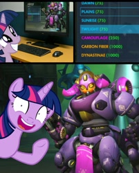 Size: 1391x1728 | Tagged: safe, imported from derpibooru, twilight sparkle, blizzard entertainment, computer, crossover, game, happy, orisa, overwatch, pony reference, reaction, reference, video game