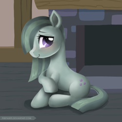 Size: 600x600 | Tagged: safe, artist:piripaints, imported from derpibooru, marble pie, earth pony, pony, blushing, cute, female, hair over one eye, marblebetes, mare, sitting, solo, updated