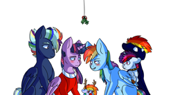 Size: 1754x970 | Tagged: safe, artist:alex-da-wolf, imported from derpibooru, rainbow dash, twilight sparkle, oc, alicorn, pony, blushing, christmas, clothes, costume, ear piercing, earring, female, jewelry, lesbian, magical lesbian spawn, mistletoe, offspring, parent:rainbow dash, parent:twilight sparkle, parents:twidash, piercing, santa costume, shipping, simple background, twidash, twilight sparkle (alicorn), white background