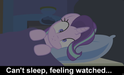 Size: 1600x973 | Tagged: safe, artist:agrol, imported from derpibooru, starlight glimmer, pony, unicorn, bed, blanket, bronybait, can't sleep, caption, cs captions, female, looking at you, mare, pillow, solo, starlight and the strange castle, wide eyes, youtube link