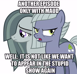 Size: 5835x5591 | Tagged: artist needed, source needed, safe, imported from derpibooru, limestone pie, marble pie, maud pie, earth pony, pony, spoiler:s07, absurd resolution, hilarious in hindsight, image macro, limetsun pie, meme, sad, simple background, tsundere, upset