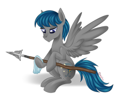 Size: 4300x3600 | Tagged: safe, artist:kaikururu, imported from derpibooru, oc, oc only, oc:perseus, pegasus, pony, absurd resolution, male, simple background, sitting, solo, spear, stallion, transparent background, weapon